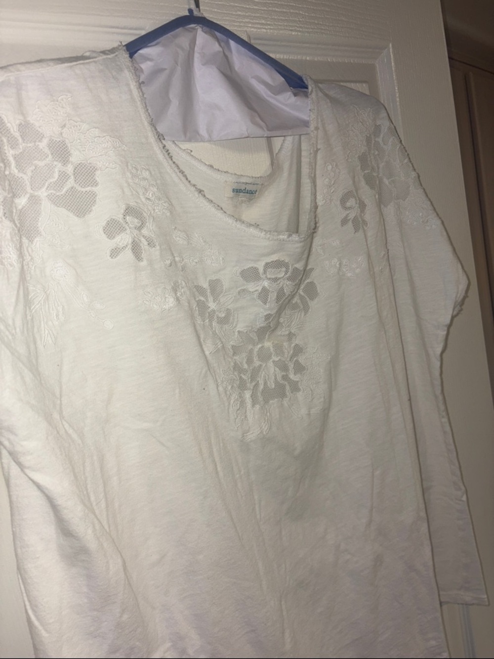 Sundance White Floral Lace-Trim Short Sleeve Top Medium